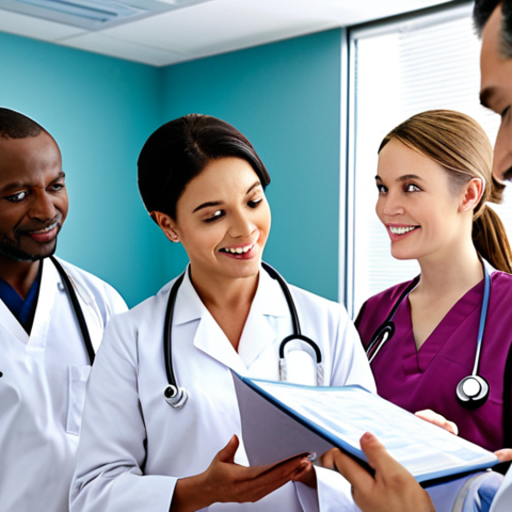 **

A modern hospital interior with a diverse team of doctors (male and female) in consultation, reviewing patient records and medical scans related to uterine fibroids. Emphasize advanced technology and patient-centered care. Happy, hopeful patient subtly in the background. Focus on reputation and expertise.

**