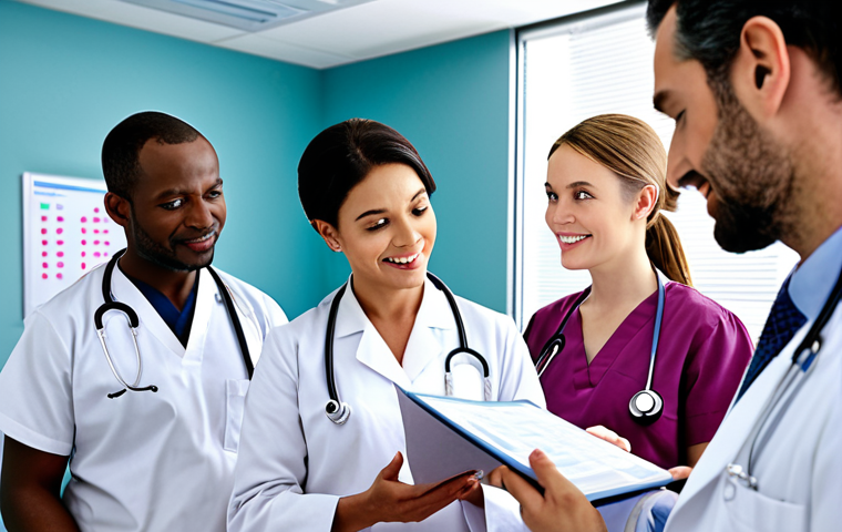 **

A modern hospital interior with a diverse team of doctors (male and female) in consultation, reviewing patient records and medical scans related to uterine fibroids. Emphasize advanced technology and patient-centered care. Happy, hopeful patient subtly in the background. Focus on reputation and expertise.

**