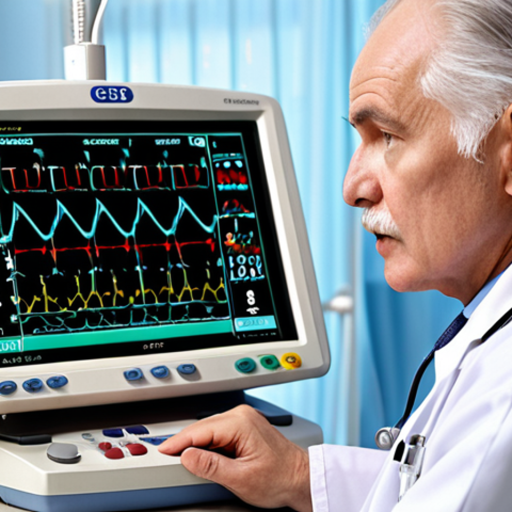 ** A senior cardiologist in a modern hospital examining an ECG reading, with a concerned yet hopeful expression. Focus on the advanced medical equipment and clean environment.

**
