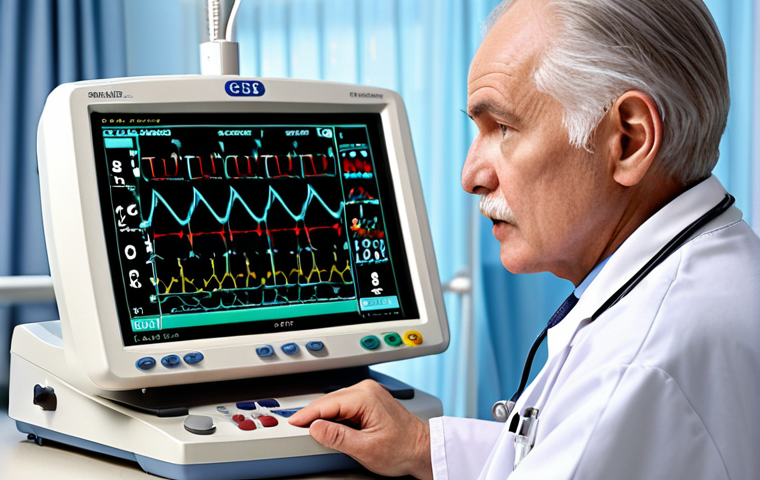 ** A senior cardiologist in a modern hospital examining an ECG reading, with a concerned yet hopeful expression. Focus on the advanced medical equipment and clean environment.

**