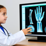 A young child, approximately 10 years old, fully clothed in modest, comfortable attire, attentively listening to a professional female doctor. The doctor, dressed in a clean, professional medical lab coat, is explaining information on a digital screen displaying a bone X-ray of a child's hand and wrist, highlighting growth plates. They are in a well-lit, modern pediatrician's office, with a calm and reassuring atmosphere. perfect anatomy, correct proportions, natural pose, well-formed hands, proper finger count, natural body proportions, safe for work, appropriate content, fully clothed, professional, high quality, studio lighting.