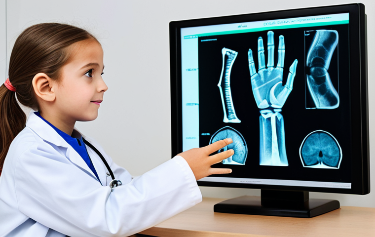 A young child, approximately 10 years old, fully clothed in modest, comfortable attire, attentively listening to a professional female doctor. The doctor, dressed in a clean, professional medical lab coat, is explaining information on a digital screen displaying a bone X-ray of a child's hand and wrist, highlighting growth plates. They are in a well-lit, modern pediatrician's office, with a calm and reassuring atmosphere. perfect anatomy, correct proportions, natural pose, well-formed hands, proper finger count, natural body proportions, safe for work, appropriate content, fully clothed, professional, high quality, studio lighting.