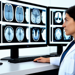 A professional radiologist, a woman, in a modest white lab coat, meticulously examining medical imaging scans on multiple high-resolution monitors in a modern, clean diagnostic center. The screens display abstract, detailed representations of MRI, CT, and Ultrasound images, glowing softly. The focus is on her professional demeanor and analytical posture. The environment is sterile and advanced. safe for work, appropriate content, fully clothed, professional dress, perfect anatomy, correct proportions, natural pose, well-formed hands, proper finger count, natural body proportions, high-quality professional photography, sharp focus, medical precision.