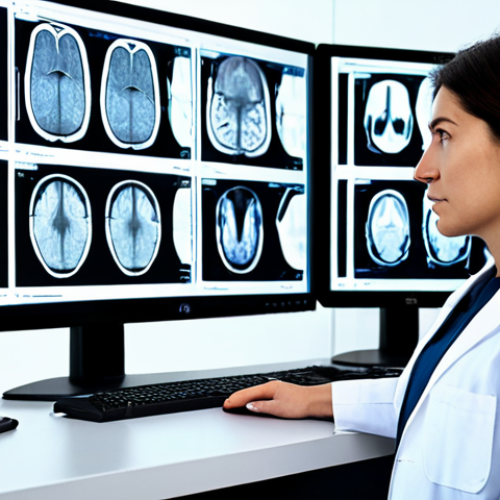Home 28 A professional radiologist, a woman, in a modest white lab coat, meticulously examining medical imaging scans on multiple high-resolution monitors in a modern, clean diagnostic center. The screens display abstract, detailed representations of MRI, CT, and Ultrasound images, glowing softly. The focus is on her professional demeanor and analytical posture. The environment is sterile and advanced. safe for work, appropriate content, fully clothed, professional dress, perfect anatomy, correct proportions, natural pose, well-formed hands, proper finger count, natural body proportions, high-quality professional photography, sharp focus, medical precision.