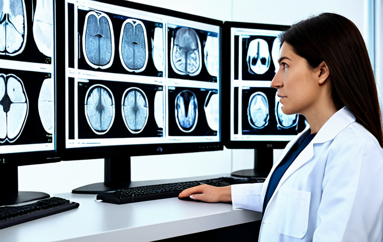 A professional radiologist, a woman, in a modest white lab coat, meticulously examining medical imaging scans on multiple high-resolution monitors in a modern, clean diagnostic center. The screens display abstract, detailed representations of MRI, CT, and Ultrasound images, glowing softly. The focus is on her professional demeanor and analytical posture. The environment is sterile and advanced. safe for work, appropriate content, fully clothed, professional dress, perfect anatomy, correct proportions, natural pose, well-formed hands, proper finger count, natural body proportions, high-quality professional photography, sharp focus, medical precision.