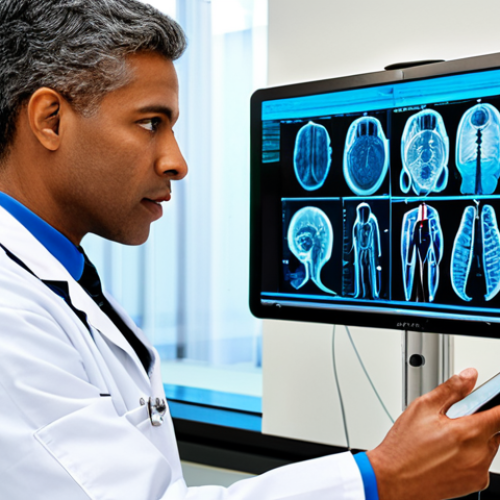 Home 26 A diverse team of male and female medical professionals, fully clothed in professional scrub suits and lab coats, actively collaborating in a bright, modern hospital setting. One doctor is explaining a complex medical concept to another using a digital tablet, while a specialist reviews a patient's advanced scan on a large, high-definition monitor in the background. The scene emphasizes seamless information exchange and the integration of general and specialized care. The environment is clean and well-lit, representing a synergy of medical expertise and technology. Perfect anatomy, correct proportions, natural pose, well-formed hands, proper finger count, natural body proportions, safe for work, appropriate content, fully clothed, professional.