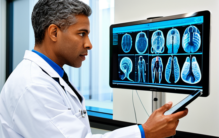 A diverse team of male and female medical professionals, fully clothed in professional scrub suits and lab coats, actively collaborating in a bright, modern hospital setting. One doctor is explaining a complex medical concept to another using a digital tablet, while a specialist reviews a patient's advanced scan on a large, high-definition monitor in the background. The scene emphasizes seamless information exchange and the integration of general and specialized care. The environment is clean and well-lit, representing a synergy of medical expertise and technology. Perfect anatomy, correct proportions, natural pose, well-formed hands, proper finger count, natural body proportions, safe for work, appropriate content, fully clothed, professional.