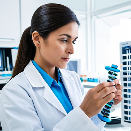 Home 12 **Prompt:** A professional female doctor in a modest lab coat, examining a DNA sequence model in a brightly lit, modern genetics laboratory. Focus on scientific accuracy and a respectful, informative atmosphere. Safe for work, appropriate content, fully clothed, professional. Perfect anatomy, correct proportions, natural pose.