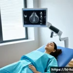 갑상선 초음파 검사와 CT 비교 - A detailed medical scene showing a female patient wearing modest underwear lying comfortably on an e...