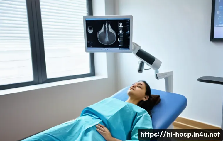 갑상선 초음파 검사와 CT 비교 - A detailed medical scene showing a female patient wearing modest underwear lying comfortably on an e...