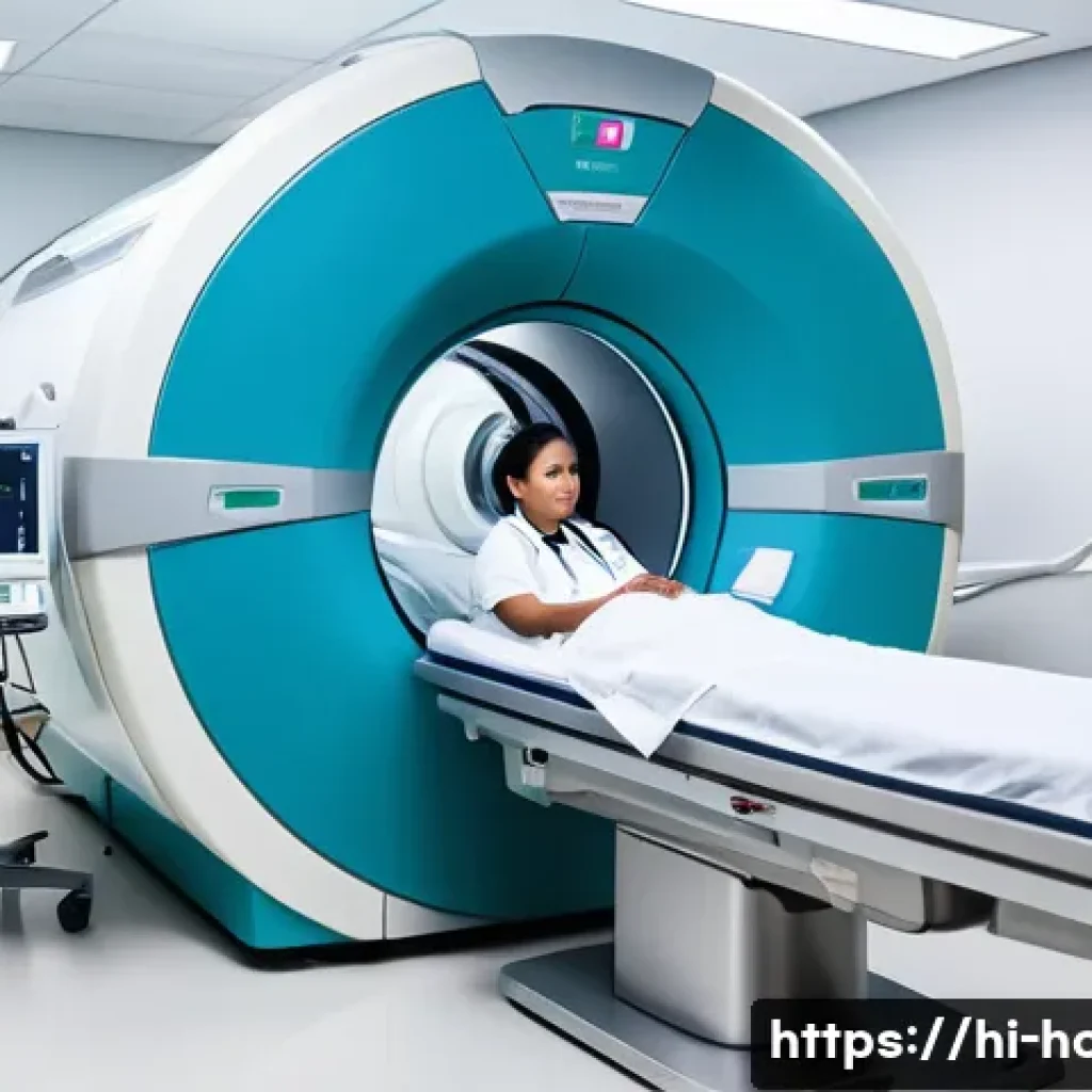 MRI와 PET CT 검사 비용 비교 - A modern hospital radiology room showcasing an advanced MRI machine with a patient lying calmly insi...
