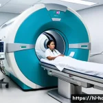 MRI와 PET CT 검사 비용 비교 - A modern hospital radiology room showcasing an advanced MRI machine with a patient lying calmly insi...