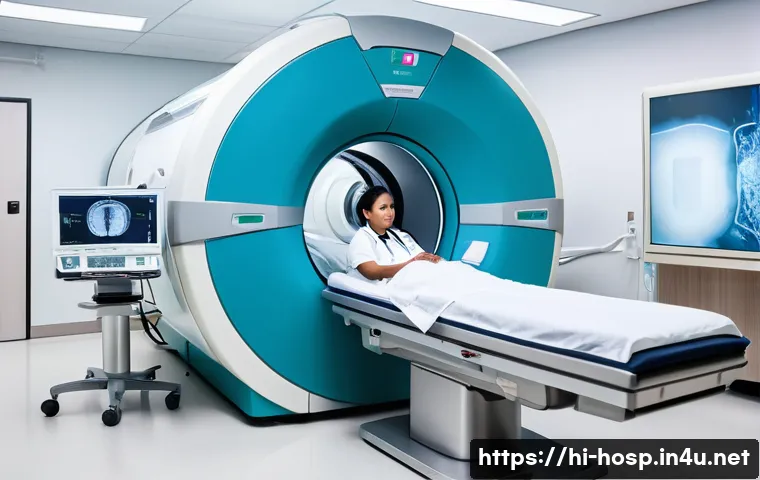 MRI와 PET CT 검사 비용 비교 - A modern hospital radiology room showcasing an advanced MRI machine with a patient lying calmly insi...