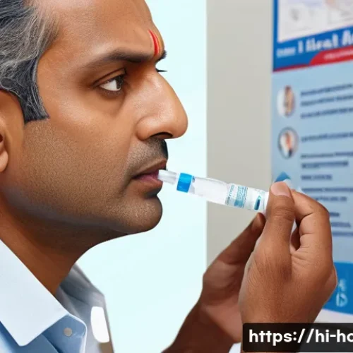 비염 수술과 비수술 치료법 비교 - A detailed medical illustration showing a Hindi-speaking middle-aged man using a nasal spray correct...