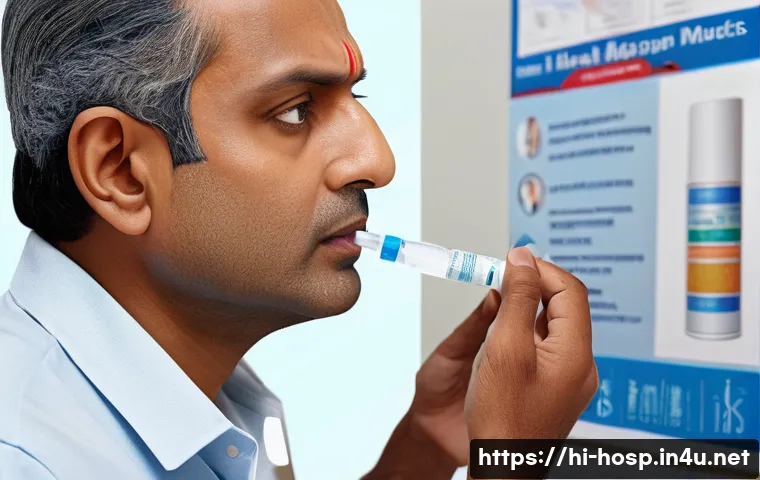 비염 수술과 비수술 치료법 비교 - A detailed medical illustration showing a Hindi-speaking middle-aged man using a nasal spray correct...