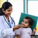 소아 발달 검사와 상담 병원 - A warm and nurturing pediatric clinic scene featuring a young Indian mother gently holding her toddl...