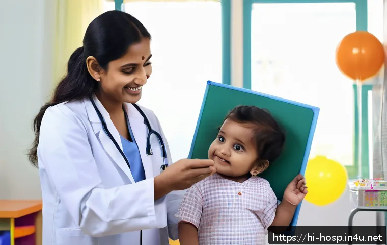 소아 발달 검사와 상담 병원 - A warm and nurturing pediatric clinic scene featuring a young Indian mother gently holding her toddl...
