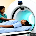 암 진단을 위한 PET CT 검사 - Photorealistic PET-CT cancer diagnostic imaging room in a modern Indian hospital, an adult Indian pa...