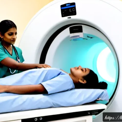 암 진단을 위한 PET CT 검사 - Photorealistic PET-CT cancer diagnostic imaging room in a modern Indian hospital, an adult Indian pa...