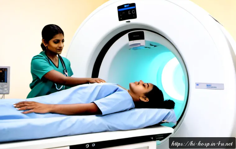 암 진단을 위한 PET CT 검사 - Photorealistic PET-CT cancer diagnostic imaging room in a modern Indian hospital, an adult Indian pa...
