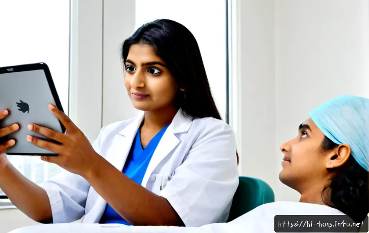 피부과와 종양내과의 협진 사례 - Photorealistic Indian hospital consultation, a dermatologist and medical oncologist in white coats c...